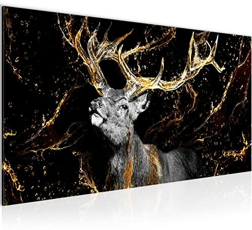 Runa Art Wandbild Hirsch 1 Teilig 100 x 40 cm Modern Bild auf Vlies Leinwand Tiere Wohnzimmer Schlafzimmer Schwarz Gold 042412a