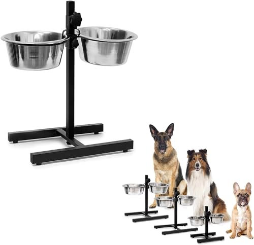 Mangeoire pour Chien INOX + Support Hauteur Réglable, Mangeoire en Acier Inoxydable réglable,Porte-gamelles avec gamelles réglable en Hauteur - idéal pour Chiens Grands ou Vieux (Noir)