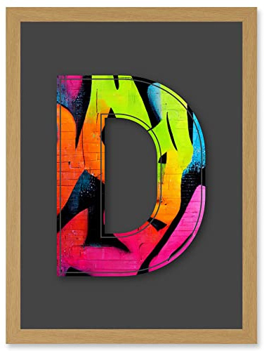 Wee Blue Coo Letter D Fluorescent Abstract Decorative Graffiti Mural Alphabet Initial Stencil Artwork Framed Wall Art Print A4