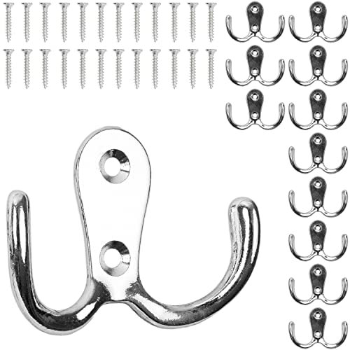 Haken zum Schrauben, 12 Stück, in Silber, Außen 54 x 40 x 15 mm, Doppelhaken inkl. Holzschrauben, Garderobenhaken für Tür, Bad, Küche, Flur, DIY Metallhaken, Mantelhaken, Huthaken, Wand Schraubhaken