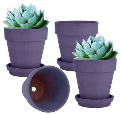 vensovo 15CM Purple Terracotta & Clay Pots for Plant with Saucer - 4 Pack Medium Terra Cotta Planter with Drainage Hole, Flowerpot for Indoor Outdoor Plants, Crafts, Wedding Favor