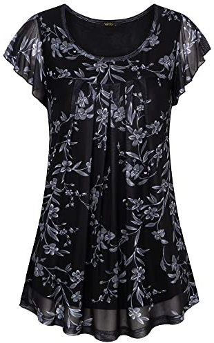 Vafoly Bluse mit Falten U-Ausschnitt Damen Kurzarm Blusen Elegante Flowy Shirt Casual Loose Fit Mesh Floral Tuniken Bluse Stretchy Sommer Top für Leggings Schwarze Weiße Blumen M