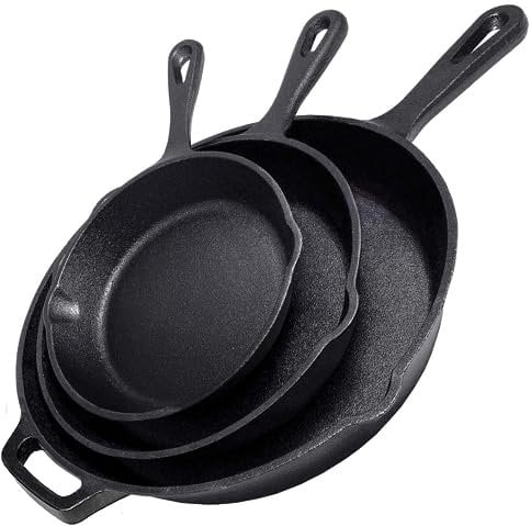 Simple Chef Cast Iron Skillet 3-Piece Set - 12, 10, 8 Heavy Duty Pans - Professional Restaurant Chef Quality Pre-Seasoned Pan Cookware Set