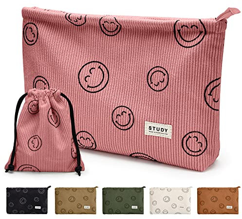 WLLWOO Make-up-Tasche aus Cord mit Reißverschluss, wasserdichte Kosmetiktasche für Damen, lächelndes Gesicht, 2 Stück, Rose, Verspielt skurril