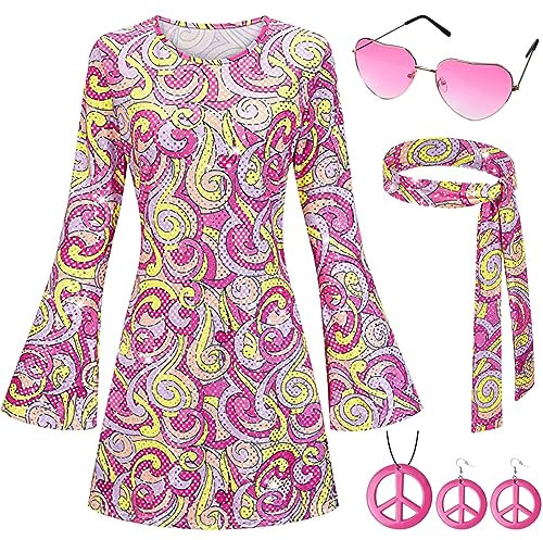 Ulikey Hippie Kostüm Damen Set, 60er 70er Kleid Hippie Kleidung Frauen Mädchen Disco Kleider mit Pailletten, Mode Abba Outfit mit 60er Jahre Kostüm Zubehör, Bekleidung Damen für Karneval Party (M)