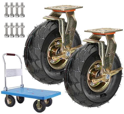 SAGIDAR Transportwagen Gummiräder, Lenkrolle Luftrad, 2 Stück Luftreifen Gummi Rollen, Ø 200/250mm, Mit Schrauben & Metallplatten, 360 Grad Drehbar, Leicht Zu Installieren, Schwerlastrollen