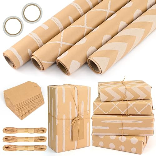 4 Rolle Geschenkpapier, 43 x 300cm/Rolle Kraft Geschenk Papier Geschenkpapier Weihnachten Set mit Klebeband Hanfseil Kraftpapieranhänger Packpapier für Geburtstag Party Hochzeit Geschenkverpackung