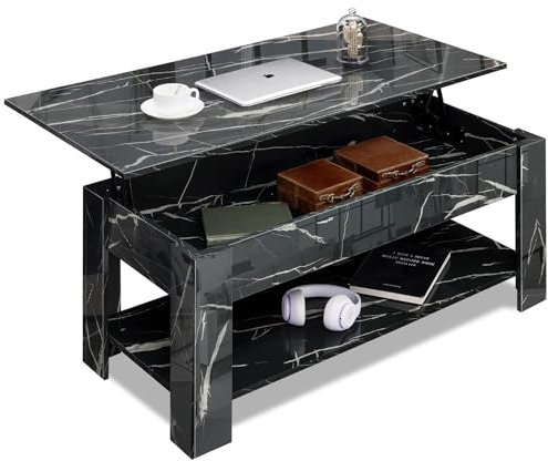 High Gloss Coffee Table with Storage, Lift Top Coffee Table for Living Room, Wood Lifting Coffee Tables with Storage Shelf Rectangular Lift-Up Sofa Tea Table, Black Marble, 120x60x(49.5-62.5) H cm