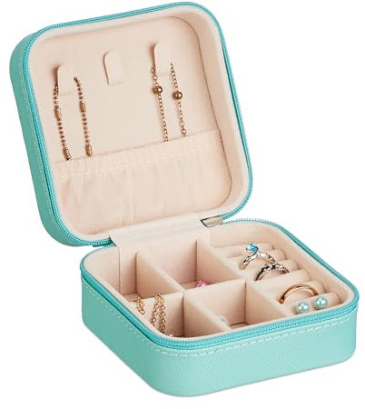 Relaxdays Valigetta Portagioie, Cofanetto Porta Gioielli Viaggio, Organizer Anelli e Collane, 5 x 10 x 10 cm, Turchese, Fibra di Legno