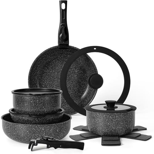 SODAY 15Pcs Pots and Pans Set Non Stick, Cookware Sets with Detachable Handle, Nonstick RV Kitchen Cooking Set Removable Handles, Oven Safe, Induction Fast, Stackable Non-Stick Set, Black