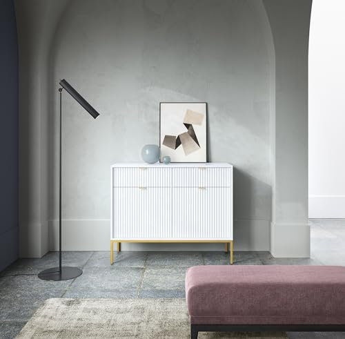 BETTSO - Nova KSZ-104 - Kommode - Kommode mit Schubladen - 83 cm hoch, 104 breit - 2 Schubladen - Geriffelt - für Wohnzimmer, Flur - 2-türig - Modern, Glamour - Weiß - mit goldenen Griffen und Beinen