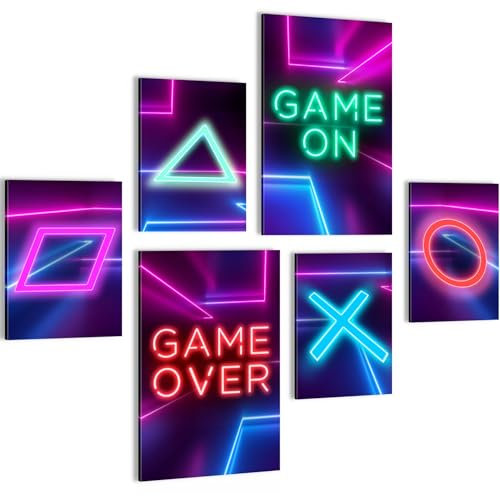 Novart Wandbilder Gaming Spielkonsole - KOMPLETT AUFHÄNGFERTIG - Bunt Kinderzimmer Junge Teenager - 6 Moderne Mood-Bilder - N002667c