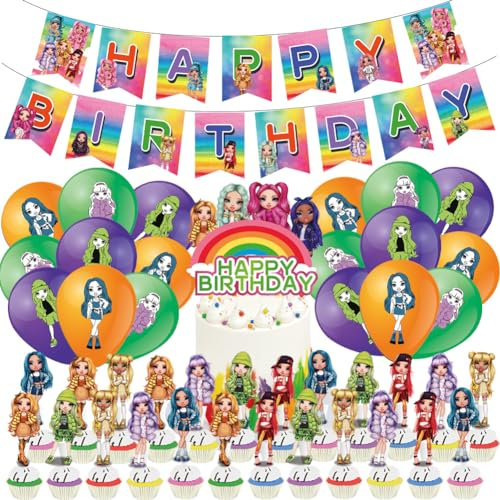 ADQPPUHR 44PCS Rainbow Dolls Party Balloon Decorations,Rainbow High Theme Party Decorations Set Birthday Decorations Rainbow High Balloons Happy Birthday Banner Cake Toppers for Kids Boys