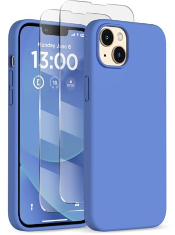 COFFKER for iPhone 13 Phone Case with [2X Screen Protectors], Liquid Silicone Shockproof Protective with Soft Anti-Scratch Microfiber Lining Slim Thin Case for iPhone 13 6.1 inch, Blue Jay