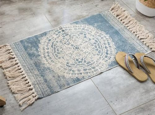 Plancholo Boho-Badezimmerteppich, handgewebt, waschbar, kleiner Teppich, Eingangsteppich, Baumwolle, Überwurfteppich mit Quasten für Schlafzimmer, Waschküche, 60 x 90 cm