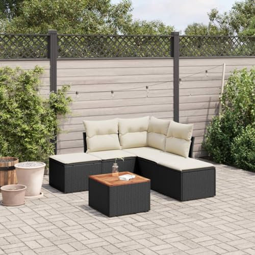 ULUYYUC 6-TLG. Garten-Sofagarnitur, Küchensofa Eckbankgruppe Schlafsofa Fußhocker Geeignet für Hinterhof Außenbereich Balkon Garten mit Kissen Schwarz Poly Rattan
