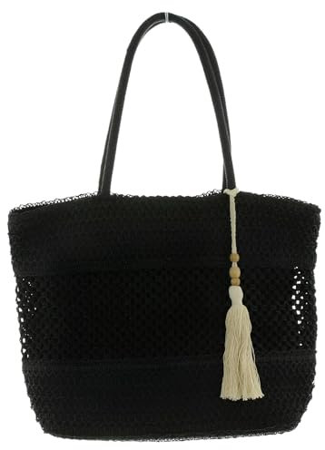 Dekoleidenschaft Sac à crochet en papier noir, sac de shopping, sac à bandoulière, sac en paille, sac en raphia, Noir