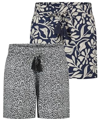 DENIMFY Kurze Hose Damen Sommer leichte Shorts mit Gummizug Regular Fit | DFLia 2er Pack Set Weite Bermuda 100% Viskose Beige Grün Schwarz Navy Blau S M L XL XXL