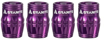Granite Juicy Nipples Schrader Valve Core Remover Caps, 4 Pcs (Purple) | CNC alloy, doubles as dust cap, quick air release button, fits bikes and vehicles