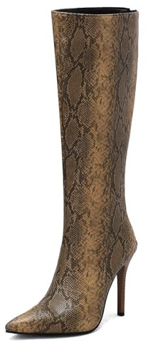 Bviennic Donna Tacco a Spillo Stivali Tacco Alto Stivali a Metà Polpaccio Appuntito Zip Eleganti Stivali da Sera, S299166Mi Marrone-Snakeskin-Print Numero 40 EU/41Cn