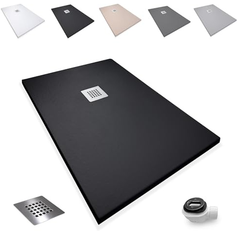 Plato de Ducha Antideslizante 80x190cm - Plato Ducha Resina Resistente a Agentes Químicos - Plato Ducha Antibacteriano - Incluye Rejilla Desagüe Ducha y Válvula Sifón Plato Ducha - Color Negro