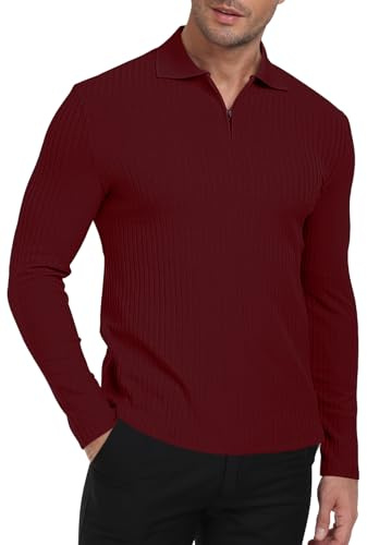 AIYINO Polo da uomo a maniche lunghe con cerniera a 1/4, colletto in maglia, maglietta elasticizzata da golf, Rosso vinaccia, XL