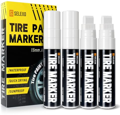 SELEAD Rotuladores de neumáticos jumbo blancos, paquete de 4 bolígrafos de pintura de punta ancha de 15 mm para neumáticos de coche, tinta de gran capacidad, marcadores permanentes impermeables