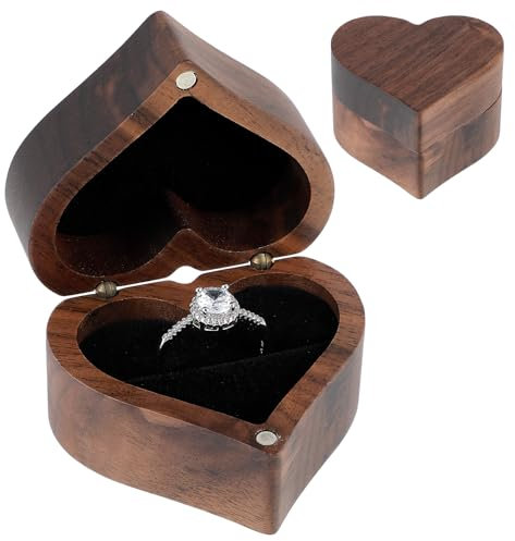Yuanchu Walnuss Holz Ring Box,Herzförmige Ringschatulle Vintage Ringkästchen Samt Soft Interieur Halterung Ringschachtel Ohrringe Schmuckbox aus Holz für Hochzeit Verlobung Heiratsantrag Jubiläen