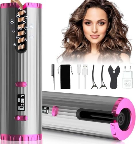 Automatischer Lockenstab Kabelloser mit Negativionen, 6 Temperatureinstellungen und Timerfunktion, USB Aufladbarer Lockenstab mit 5000 mAh Akku, LCD Intelligentes