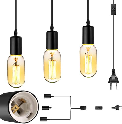 Pendelleuchte 3-flammig, Einstellbar Hängelampe mit Stecker 4.8M, DIY Lampenfassung mit Kabel, E27 Lampenfassung für Esszimmer, Küche, Wohnzimmer, Flur, Treppe und Schlafzimmer(Schwarz)