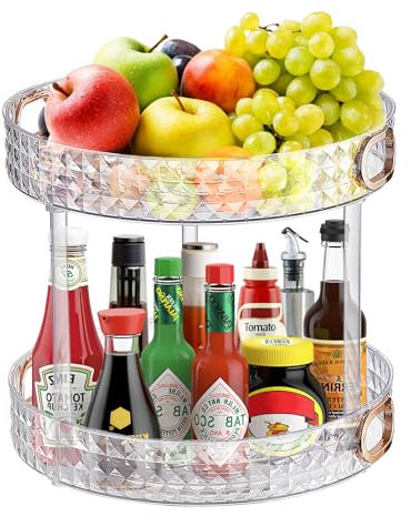 Figarge 2-Stöckiges Stehend Organizer Drehbar, Clear Abnehmbar, 360° Drehbar Kühlschrank Organizer, Drehscheibe Küche，Eckregal Küche Gewürzregal für Vorratsdosen und Gewürze Kosmetik (2)