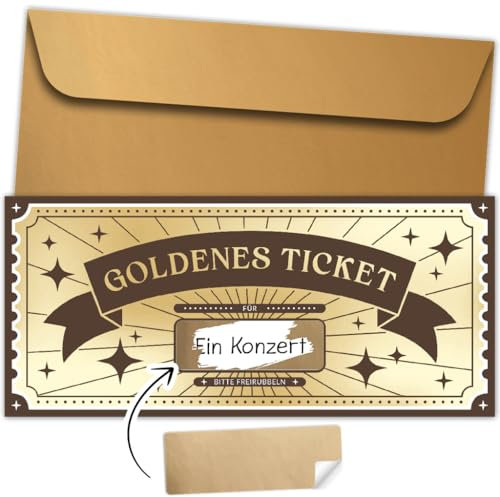 LEBENSKOMPASS Goldenes Ticket als besondere Geschenkidee - Set aus einem Ticket und dem passenden Umschlag - Gutschein zum selber ausfüllen mit Rubbelaufkleber, Rubbelkarte