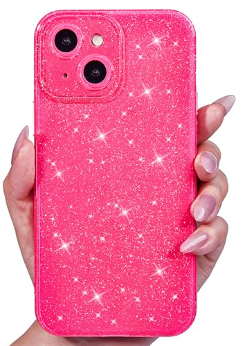 Svanove for iPhone 15 Case Glitter, Sparkly Girly Cute Bling Sparkle Shiny Shimmer Bright Phone Case for Women Girls, Glittery Thin Slim Jelly Soft Silicone Rubber Gel Plastic Cover, Neon Hot Pink