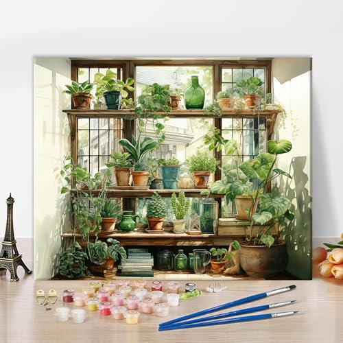 TISHIRON Plants in Pots Adult Paint by Number Kits DIY Green Plants Paint by Numbers for Adults Beginner Canvas Oil Painting Kit for Art Crafts Kits Gift Home Decor 16x20 Inch Without Frame