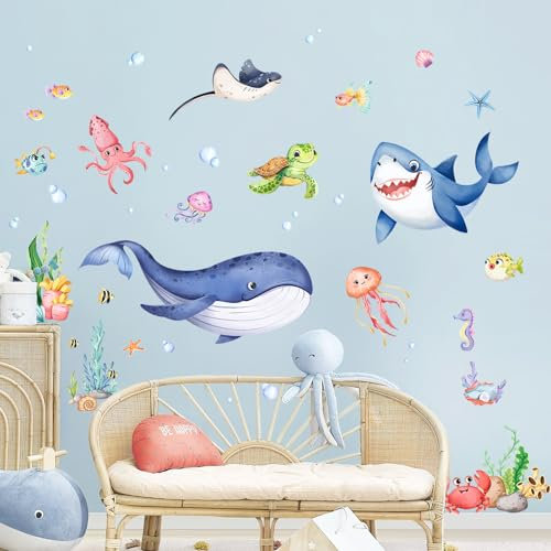 Supzone Wandtattoo Unter dem Meer Wandaufkleber Wal Hai Meeresschildkröte Tiere Wandsticker Kinderzimmer Babyzimmer Badezimmer Wanddeko