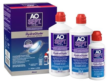 Aosept Plus mit Hydraglyde Kontaktlinsen-Pflegemittel | Vorrats- und Reisepackung | 2 x 360 ml + 1 x 90 ml