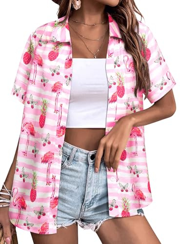 Yihelian Hawaiian Shirts for Women Summer Short Sleeve Top Floral Tropic Printing V Neck Button Down T Shirts Blouses