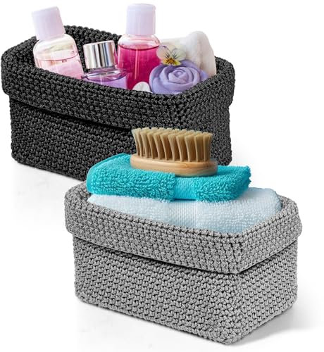 2er Set Aufbewahrungskorb Geflochten, Korb Aufbewahrung Bad Stapelbare, Aufbewahrungskörbe Klein, Wickeltisch Organizer Schwarz, Grau, 22×12×11cm, für Kleinigkeiten,kosmetik