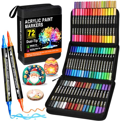 72 Couleurs Feutre Acrylique, Acrylic Paint Marker Double Pointe, Marqueur Acrylique Coloriage Adulte pour Pierres, Bois, Verre, Céramique, Tissu, Toile Et Papier, Stylos Acryliques Pour Enfants