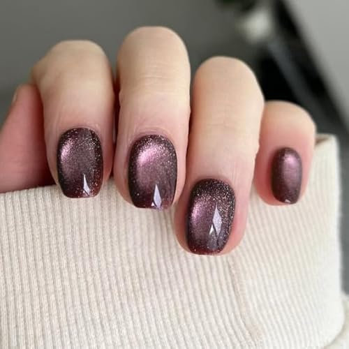 24pcs Short Square False Nails - Purple Cat Eye False Nails, Glitter Glue on Nails with Long-lasting Color, Press on Nails for Women Impress