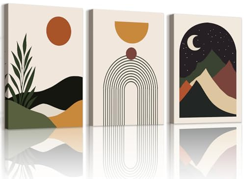 WENGTIAO 3 Stück Boho Abstrakte Geometrische Leinwand Bilder Gerahmte | Kunstdrucke Bunte Minimalistisch Berg Sonne Mond Moderne Wandbilder auf Leinwand Wohnzimmer Schlafzimmer Wanddeko 40x60cmx3