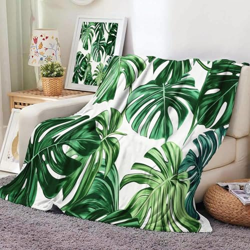 Kuscheldecke Monstera-Blatt-Muster Flauschig Decke Tropische Blätter Warme Decke Sofadecke Kuschelig Superweich und Kuschelig Plüsch Wohndecke, Grün-150x200cm