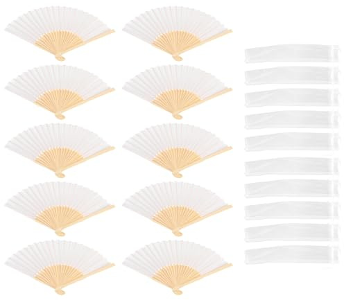 Xnuiasqe 10x fan in white silk fabric + bamboo with gift bag in muslin for wedding personalized dancing writing painting