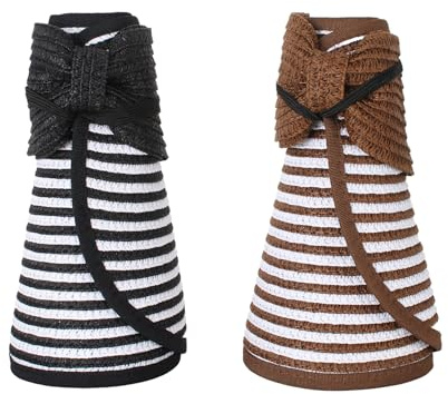 Kayiete 2Pcs Straw Women Hat Sun Visor Hat with Adjustable Wide Brim Foldable Roll UP Cap Ponytail Beach for Summer Black and Brown
