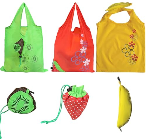 LaresDay 3 Stück faltbare Einkaufstasche wiederverwendbar, Niedlich mit Erdbeere Banane Kiwi Design, Tragetasche für Lebensmittel Einkauf, Reise, Aufbewahrung