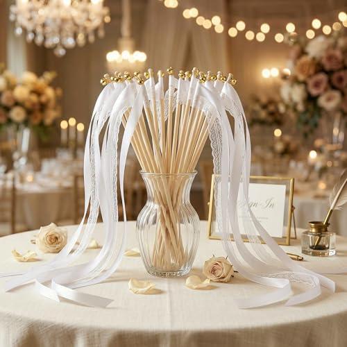 Olasfa 36 Pezzi Bacchette Magiche con Campanelle e Nastri Riutilizzabile | Bacchette a Nastro Matrimonio, Romantiche Wedding Wands per Decorazioni di Matrimonio (Bianco)