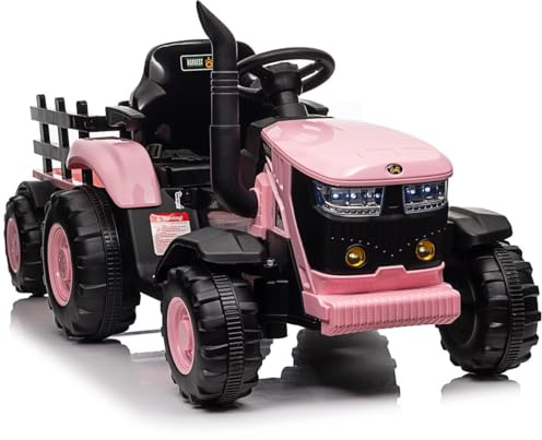 RBPGYOOP Tracteur électrique 12V Enfants avec remorque Amovible - Double Moteur 35 W -3 Vitesses -Télécommande parentale -Musique MP3/sans Fil/USB - Lumières- 6roues -Jouet à enfourcher (Rose)