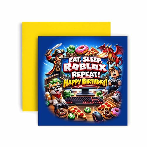 Huxters Birthday Card for Boys and Teens - Cool Gamer Computer Game Design - Eat, Sleep, Roblox, Repeat Fantasy Style