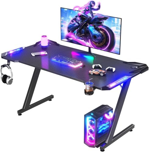 JUMMICO Gaming Desk 140x60cm with RGB LED Lights, Sturdy Computer Desk with Headphone Hook & Cup Holder, Gamer Desk for Home Office, Black