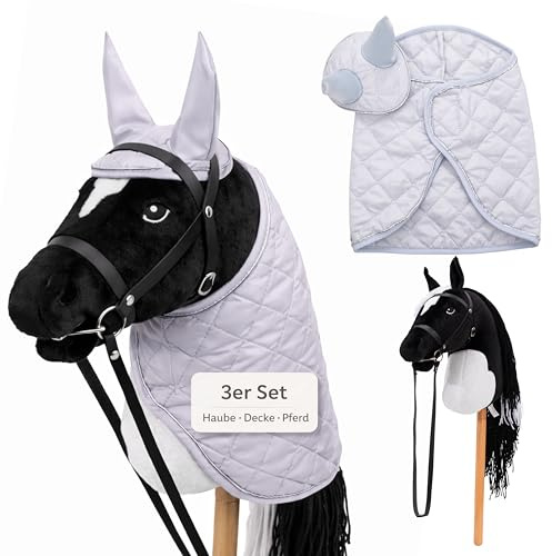 Hoofly® Hobby Horse Set – Großes Steckenpferd für Kinder mit Decke & Fliegenhaube | Komplettes Hobby Horsing Set mit Trense & 35 cm Schraubstab | Schwarzes Pferd – Graues Zubehör